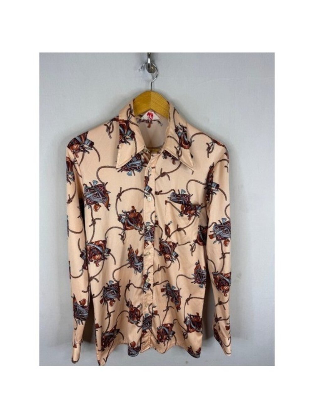 Vintage 70s Disco Ron Parker Western Saddle Rope Print Button Shirt Peach Mens M